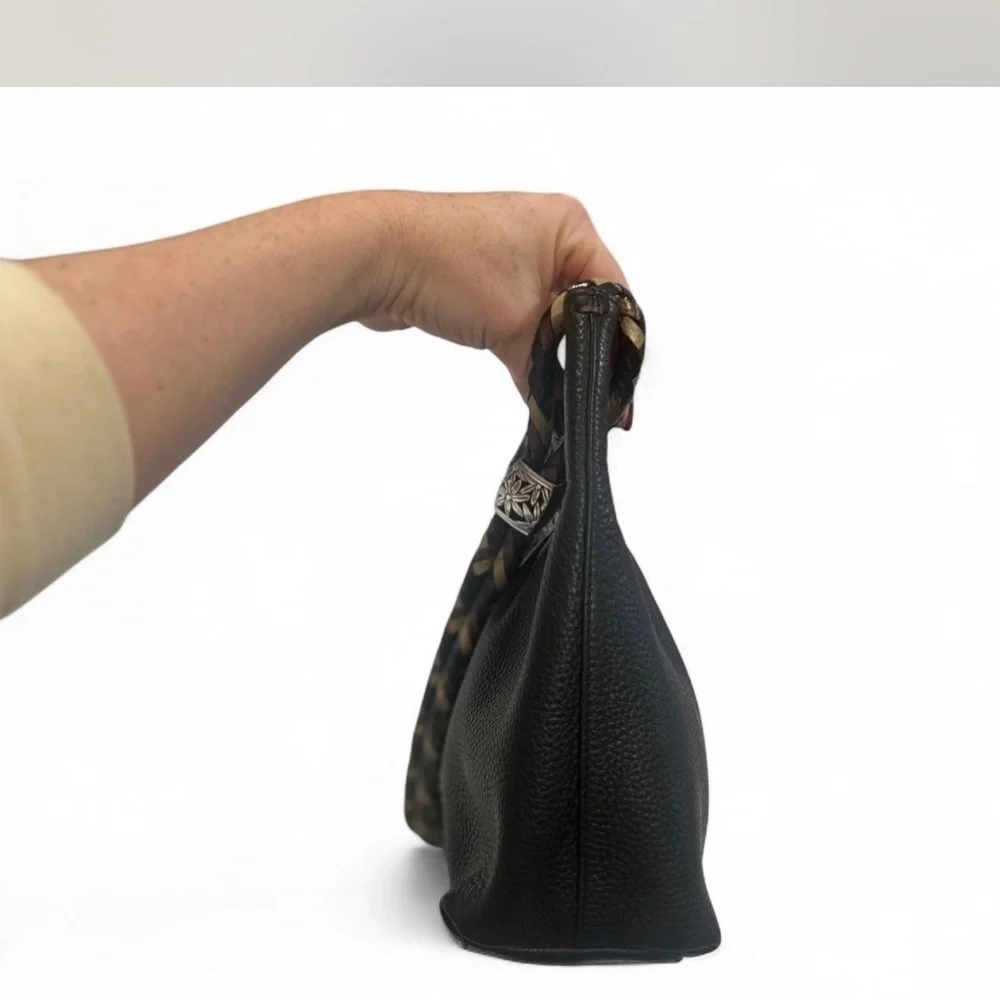 BRIGHTON Black Pebbled Leather Slouchy Hobo Bag Braided Strap Boho Silver-tone